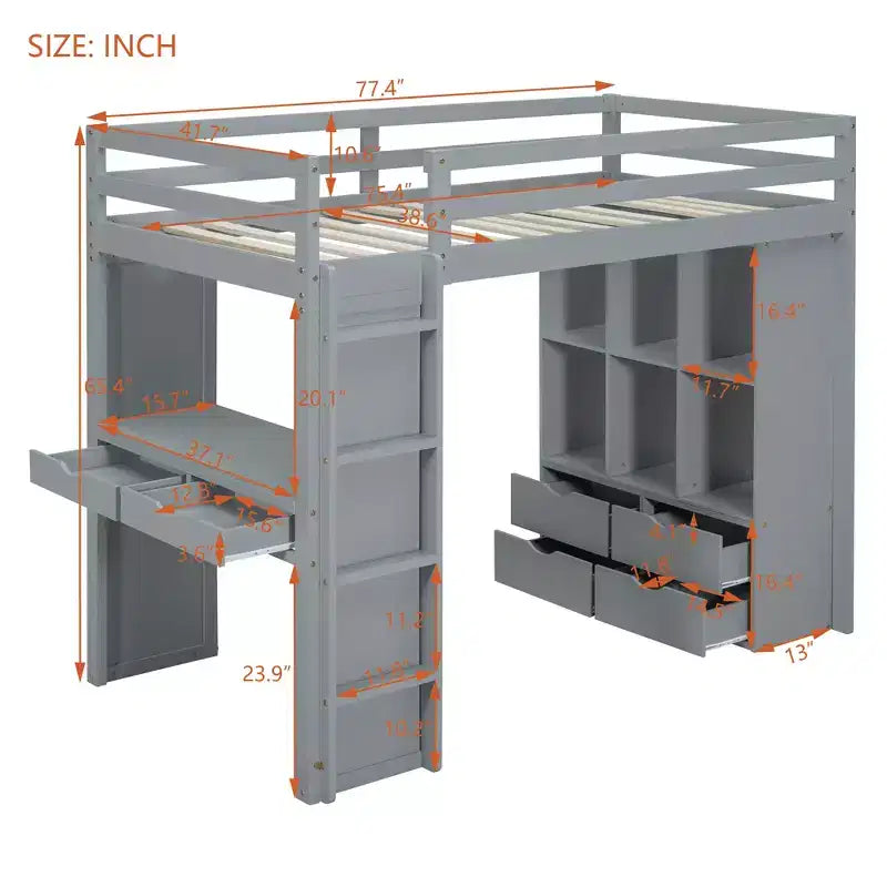 Lit mezzanine double/grand format avec de grandes étagères, un bureau et un éclairage LED