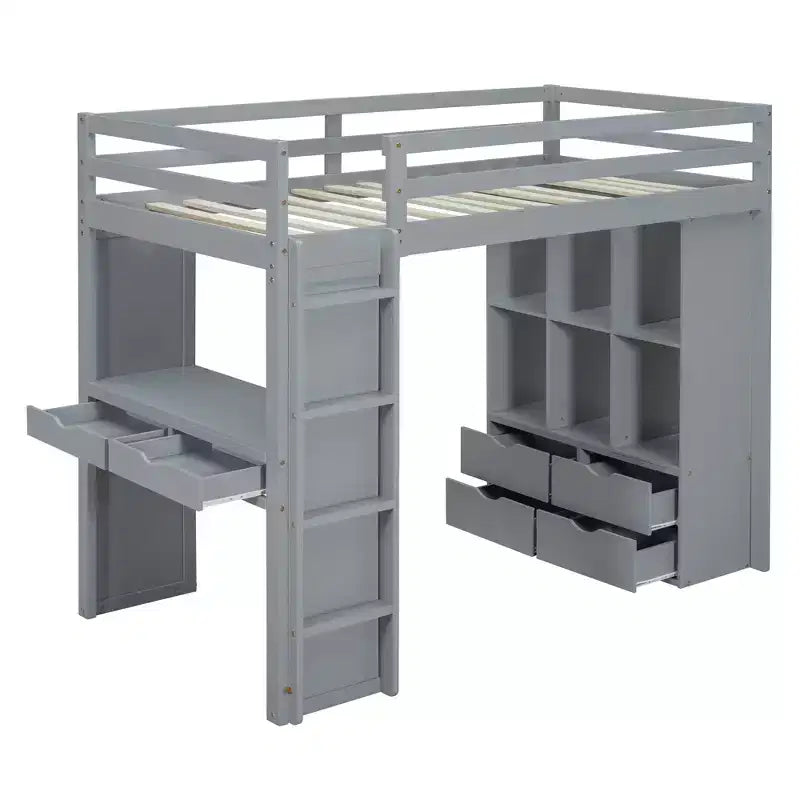 Lit mezzanine double/grand format avec de grandes étagères, un bureau et un éclairage LED
