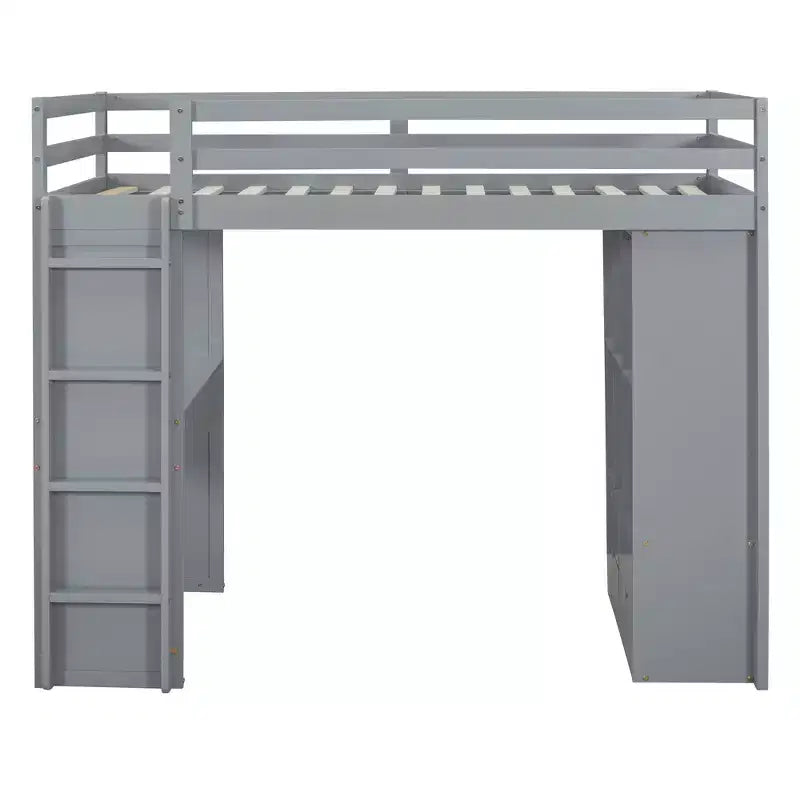 Lit mezzanine double/grand format avec de grandes étagères, un bureau et un éclairage LED