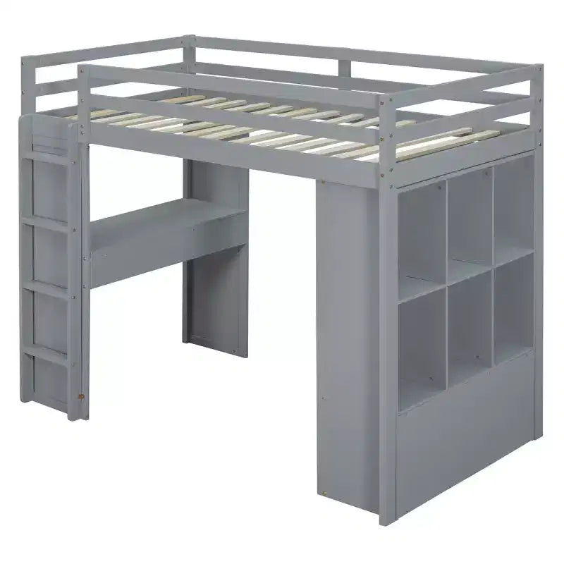 Lit mezzanine double/grand format avec de grandes étagères, un bureau et un éclairage LED