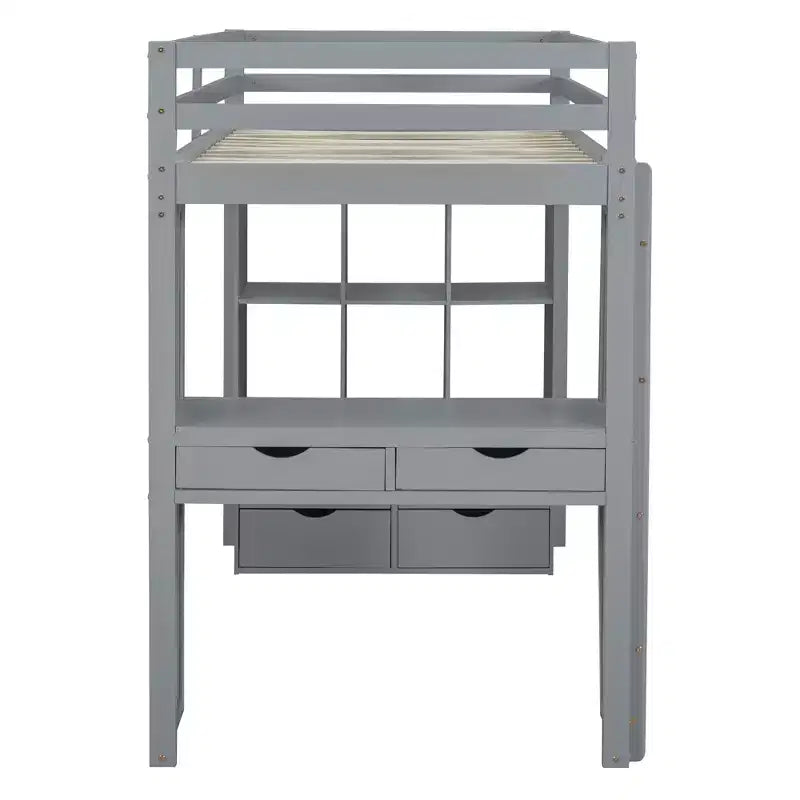 Lit mezzanine double/grand format avec de grandes étagères, un bureau et un éclairage LED