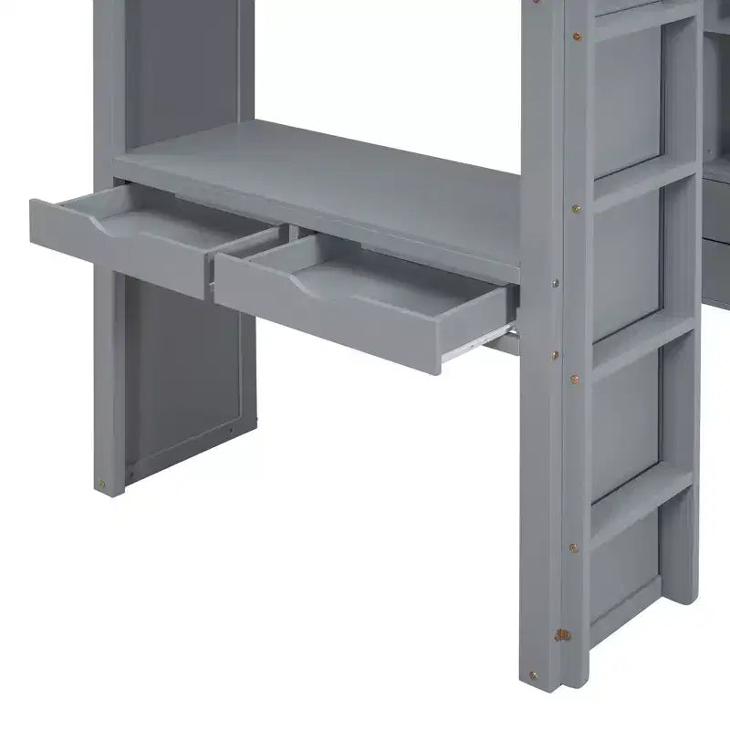 Lit mezzanine double/grand format avec de grandes étagères, un bureau et un éclairage LED