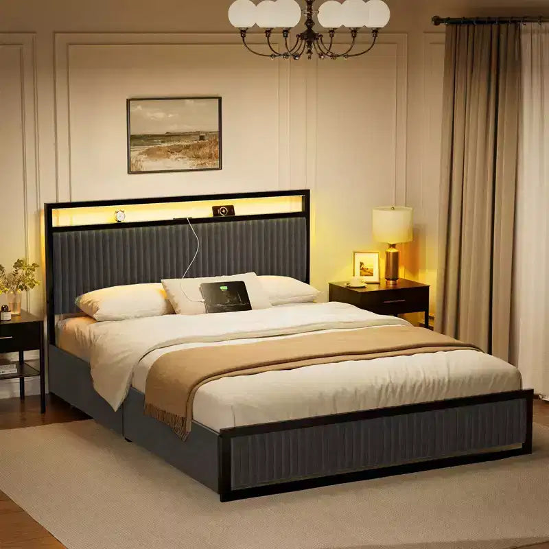 Cadre de lit rembourré avec 2 tiroirs de rangement, tête de lit LED, ports USB, gris foncé
