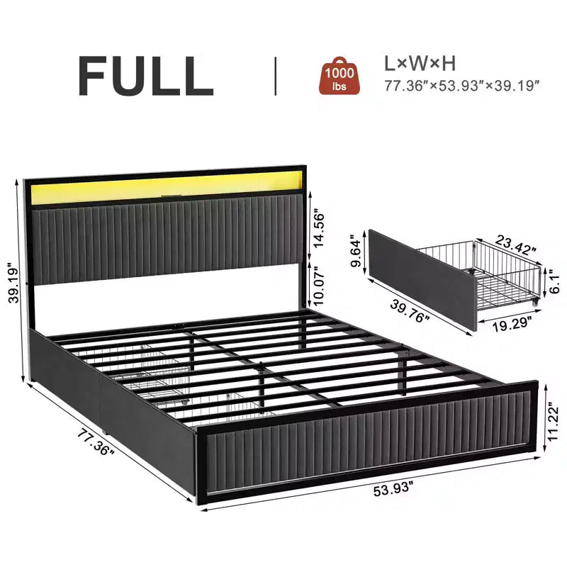Cadre de lit rembourré avec 2 tiroirs de rangement, tête de lit LED, ports USB, gris foncé