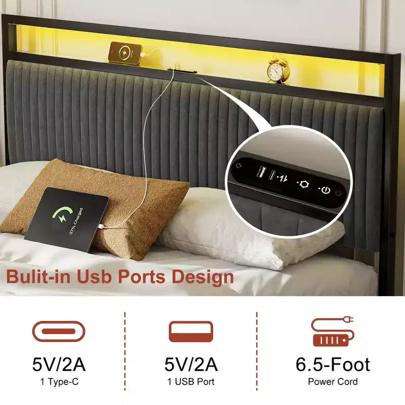 Cadre de lit rembourré avec 2 tiroirs de rangement, tête de lit LED, ports USB, gris foncé