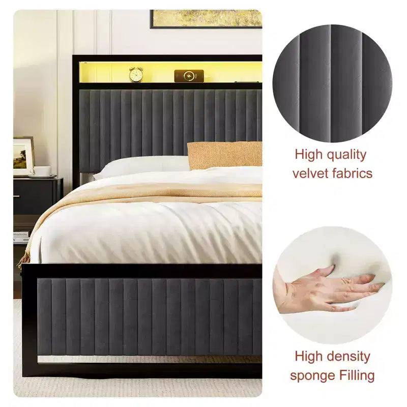 Cadre de lit rembourré avec 2 tiroirs de rangement, tête de lit LED, ports USB, gris foncé