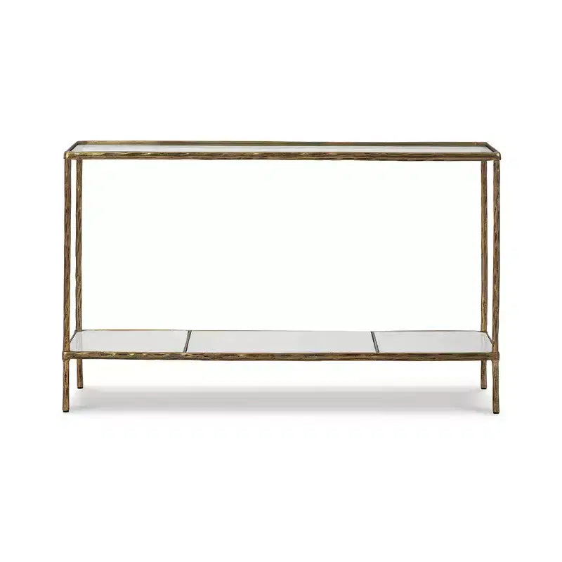 Console de canapé, finition laiton antique avec plateau en verre et étagère en marbre