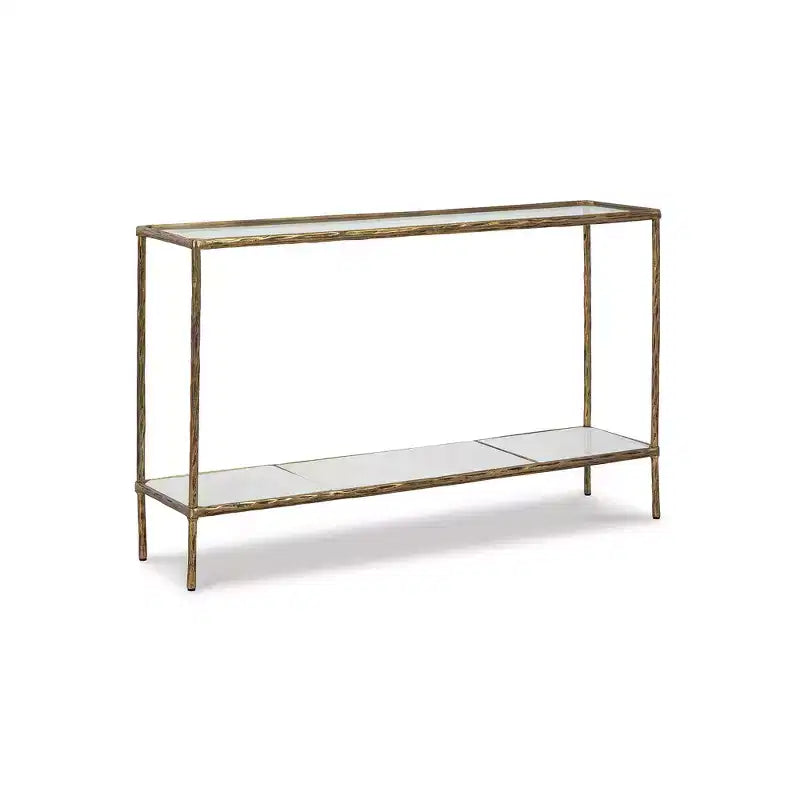 Console de canapé, finition laiton antique avec plateau en verre et étagère en marbre