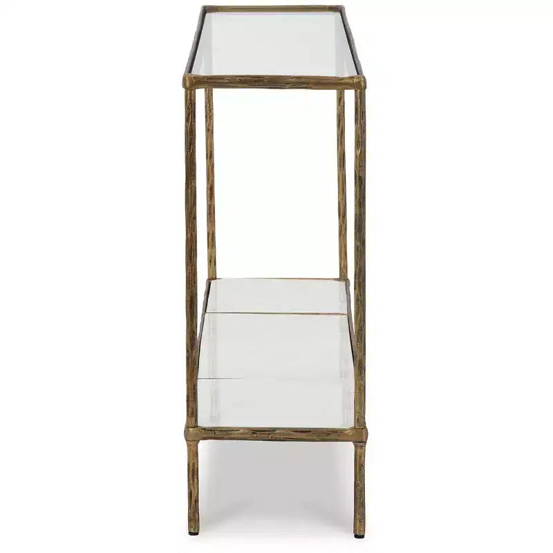 Console de canapé, finition laiton antique avec plateau en verre et étagère en marbre