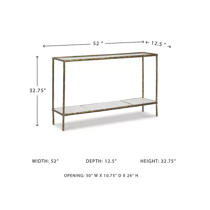 Console de canapé, finition laiton antique avec plateau en verre et étagère en marbre