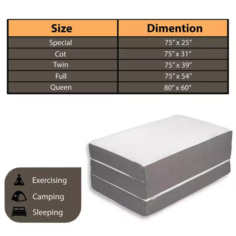 Matelas portatif à trois volets en mousse à mémoire de forme gel de 7,6 cm | Côtés en maille respirante avec housse ultra douce, amovible et lavable
