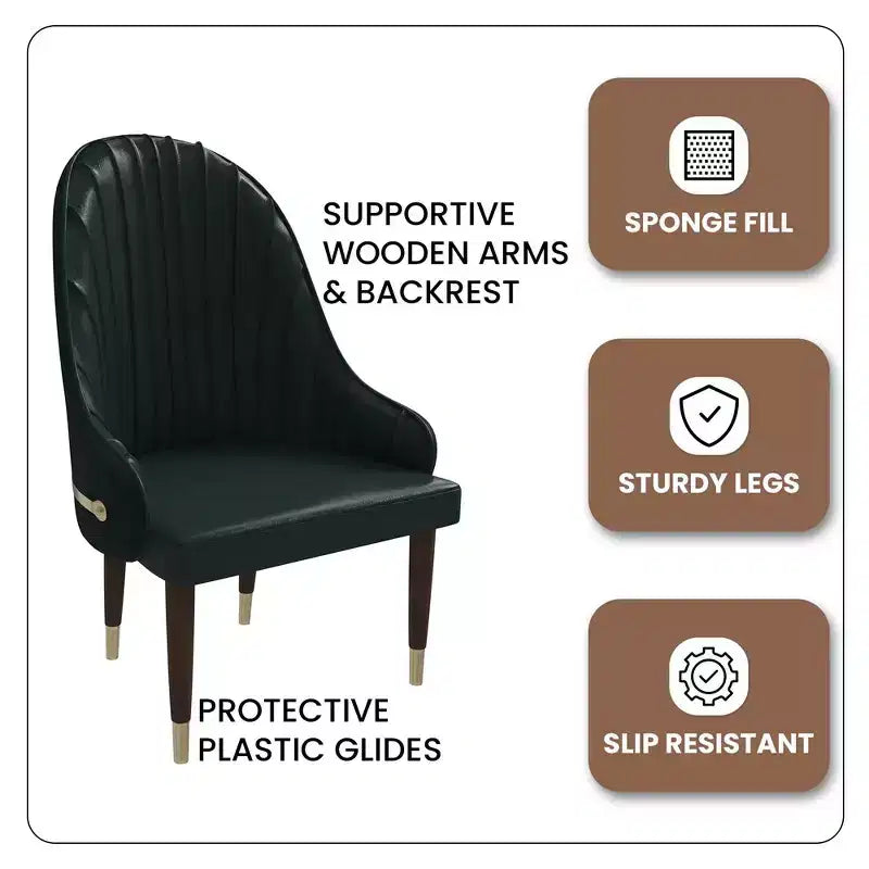 Chaise de salle à manger à dossier haut - Revêtement en cuir avec motif ondulé au dos, cadre en bois d'hévéa et accents dorés