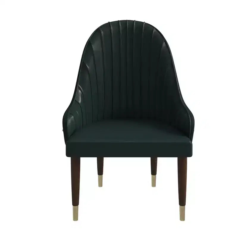 Chaise de salle à manger à dossier haut - Revêtement en cuir avec motif ondulé au dos, cadre en bois d'hévéa et accents dorés
