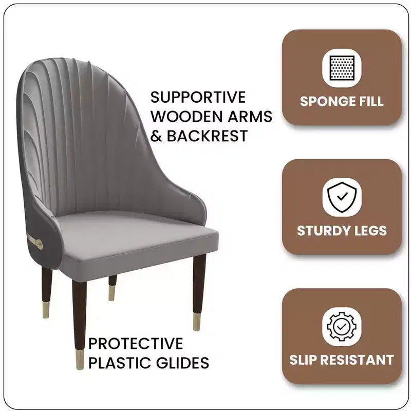Chaise de salle à manger à dossier haut - Revêtement en cuir avec motif ondulé au dos, cadre en bois d'hévéa et accents dorés