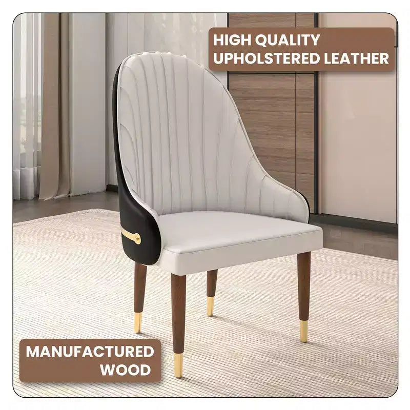 Chaise de salle à manger à dossier haut - Revêtement en cuir avec motif ondulé au dos, cadre en bois d'hévéa et accents dorés