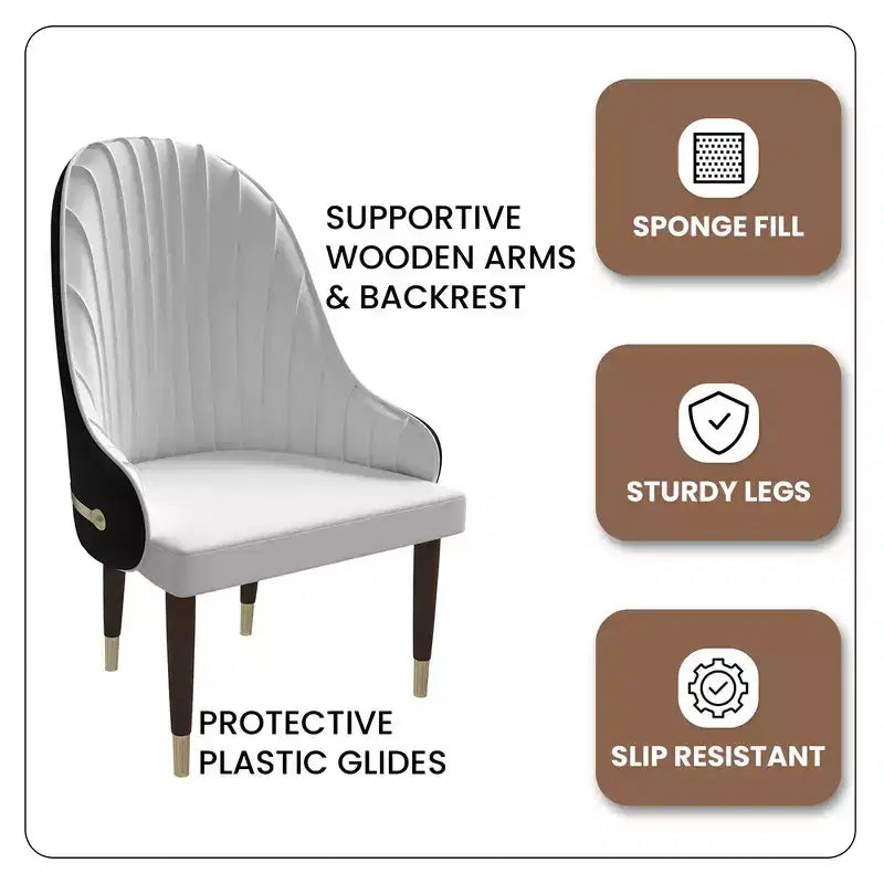 Chaise de salle à manger à dossier haut - Revêtement en cuir avec motif ondulé au dos, cadre en bois d'hévéa et accents dorés