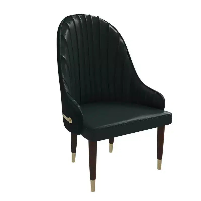 Chaise de salle à manger à dossier haut - Revêtement en cuir avec motif ondulé au dos, cadre en bois d'hévéa et accents dorés
