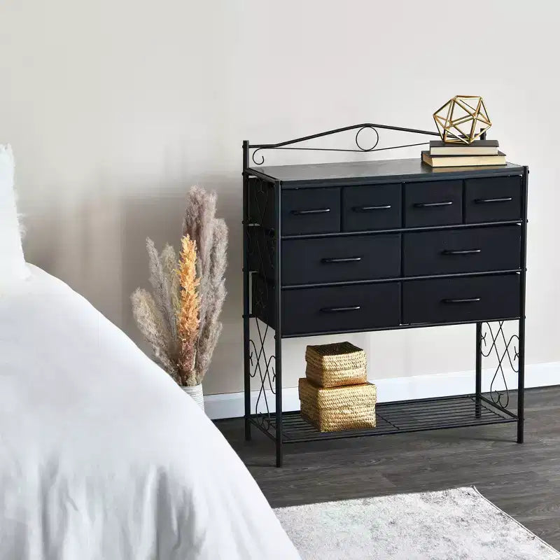 Commode de style victorien, 8 tiroirs et étagère à chaussures inférieure, noir