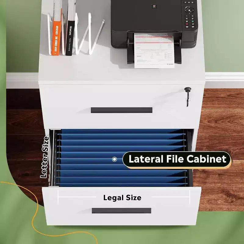 Classeur latéral en bois à 2 tiroirs avec serrure, meuble de rangement pour le bureau et la maison, support d'imprimante avec mécanisme anti-basculement