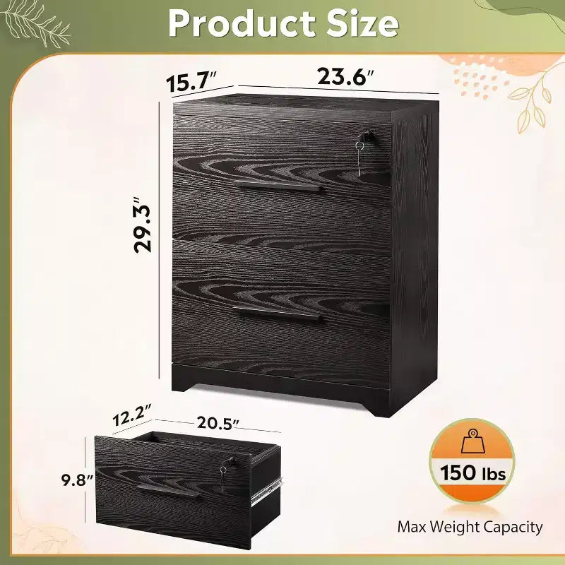 Classeur latéral en bois à 2 tiroirs avec serrure, meuble de rangement pour le bureau et la maison, support d'imprimante avec mécanisme anti-basculement