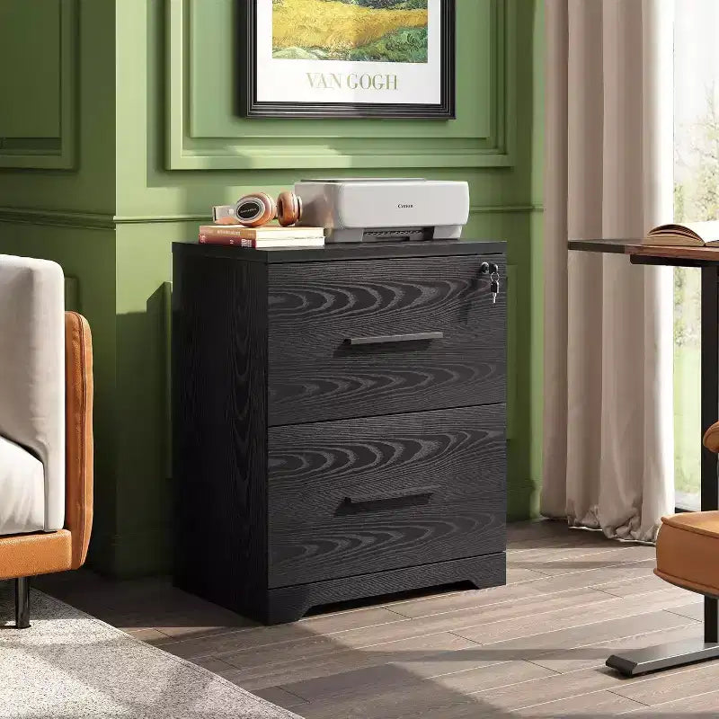 Classeur latéral en bois à 2 tiroirs avec serrure, meuble de rangement pour le bureau et la maison, support d'imprimante avec mécanisme anti-basculement