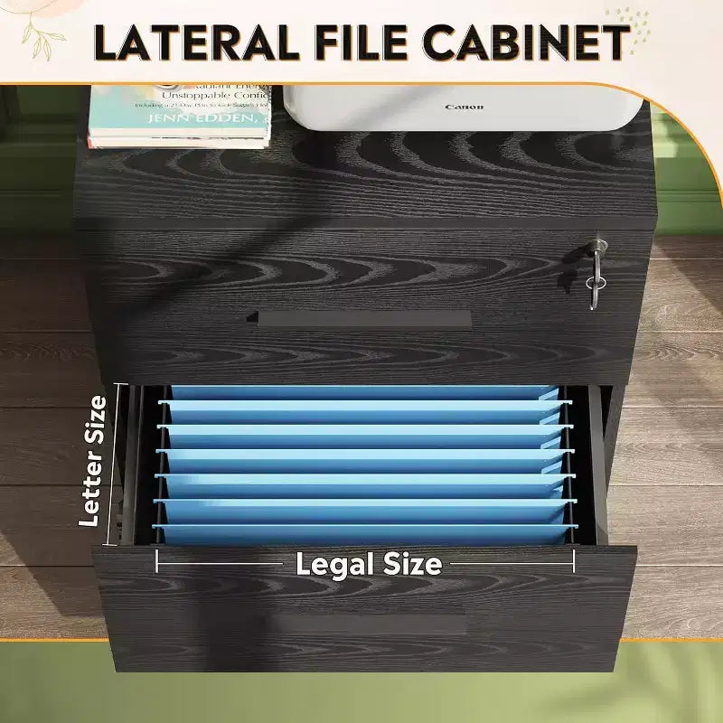 Classeur latéral en bois à 2 tiroirs avec serrure, meuble de rangement pour le bureau et la maison, support d'imprimante avec mécanisme anti-basculement