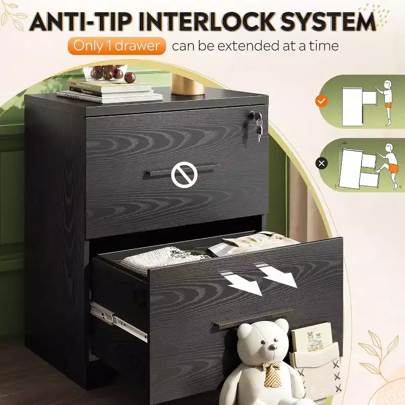 Classeur latéral en bois à 2 tiroirs avec serrure, meuble de rangement pour le bureau et la maison, support d'imprimante avec mécanisme anti-basculement