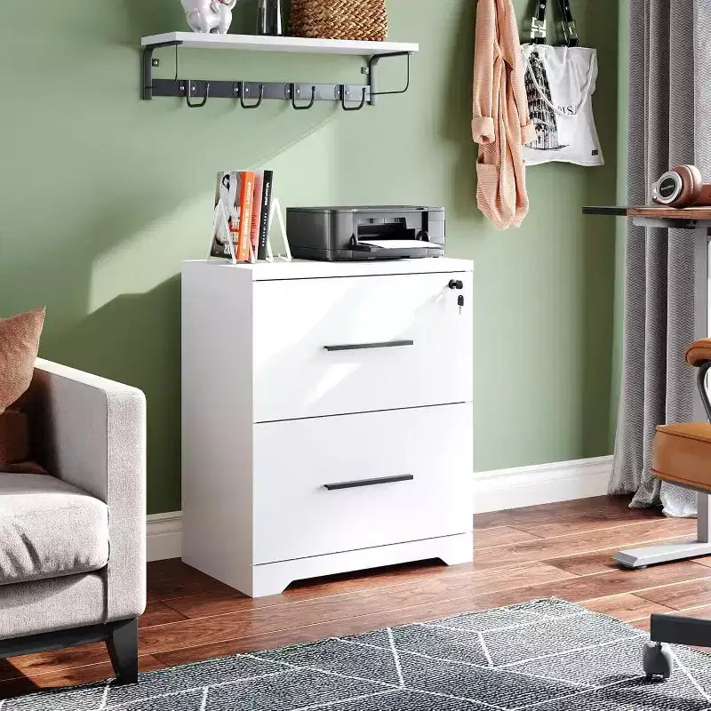 Classeur latéral en bois à 2 tiroirs avec serrure, meuble de rangement pour le bureau et la maison, support d'imprimante avec mécanisme anti-basculement