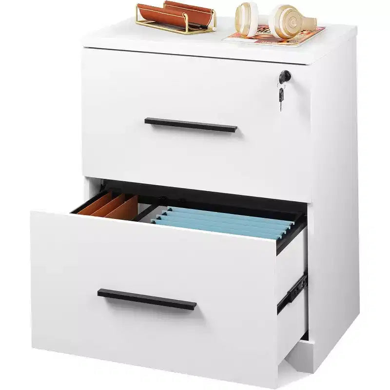 Classeur latéral en bois à 2 tiroirs avec serrure, meuble de rangement pour le bureau et la maison, support d'imprimante avec mécanisme anti-basculement