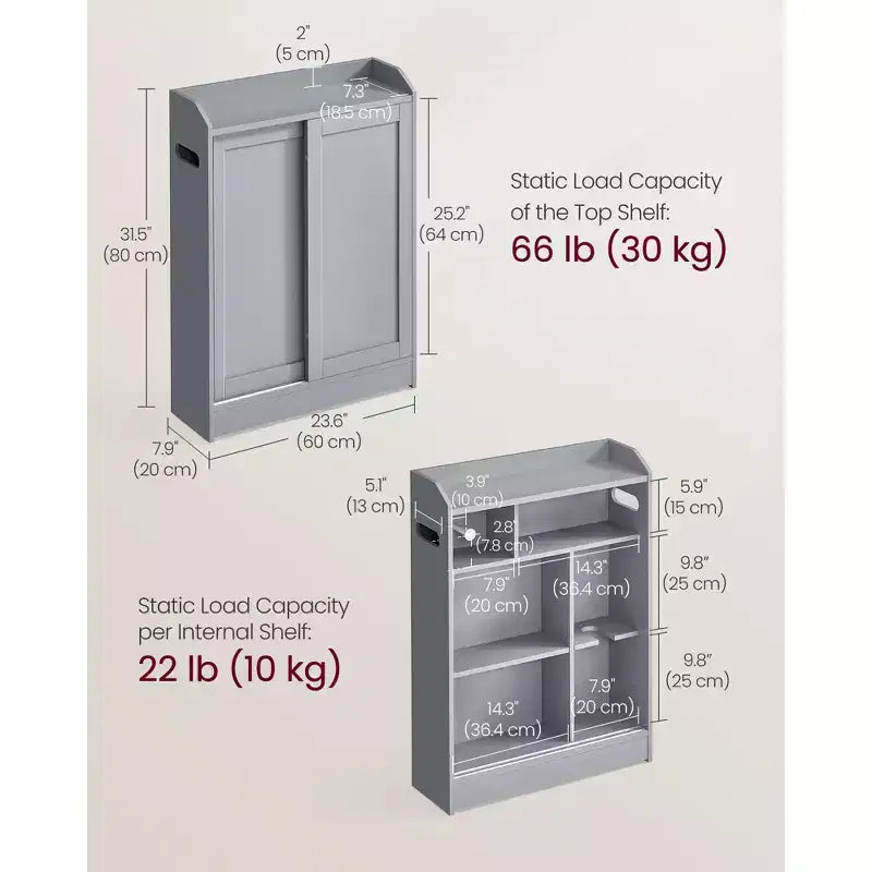 Meuble de rangement de salle de bain fin, porte-papier toilette et compartiment à balais, portes coulissantes, étagères réglables