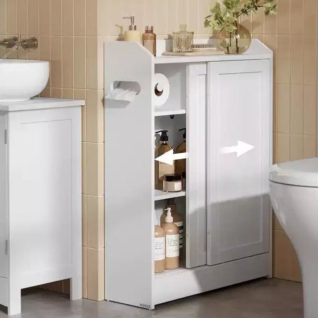 Meuble de rangement de salle de bain fin, porte-papier toilette et compartiment à balais, portes coulissantes, étagères réglables