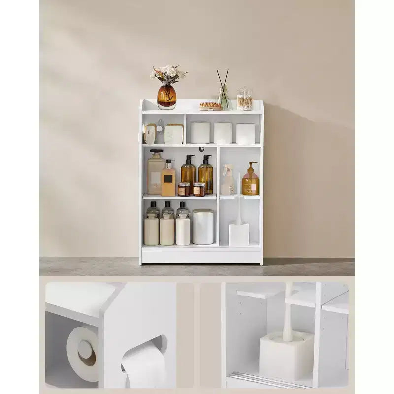 Meuble de rangement de salle de bain fin, porte-papier toilette et compartiment à balais, portes coulissantes, étagères réglables