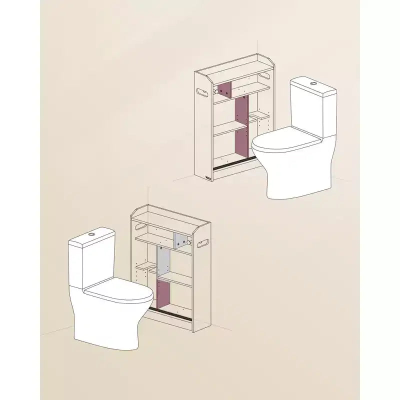 Meuble de rangement de salle de bain fin, porte-papier toilette et compartiment à balais, portes coulissantes, étagères réglables