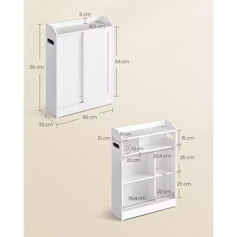 Meuble de rangement de salle de bain fin, porte-papier toilette et compartiment à balais, portes coulissantes, étagères réglables