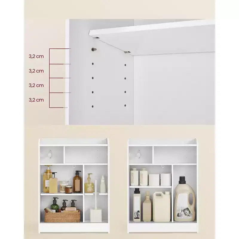 Meuble de rangement de salle de bain fin, porte-papier toilette et compartiment à balais, portes coulissantes, étagères réglables