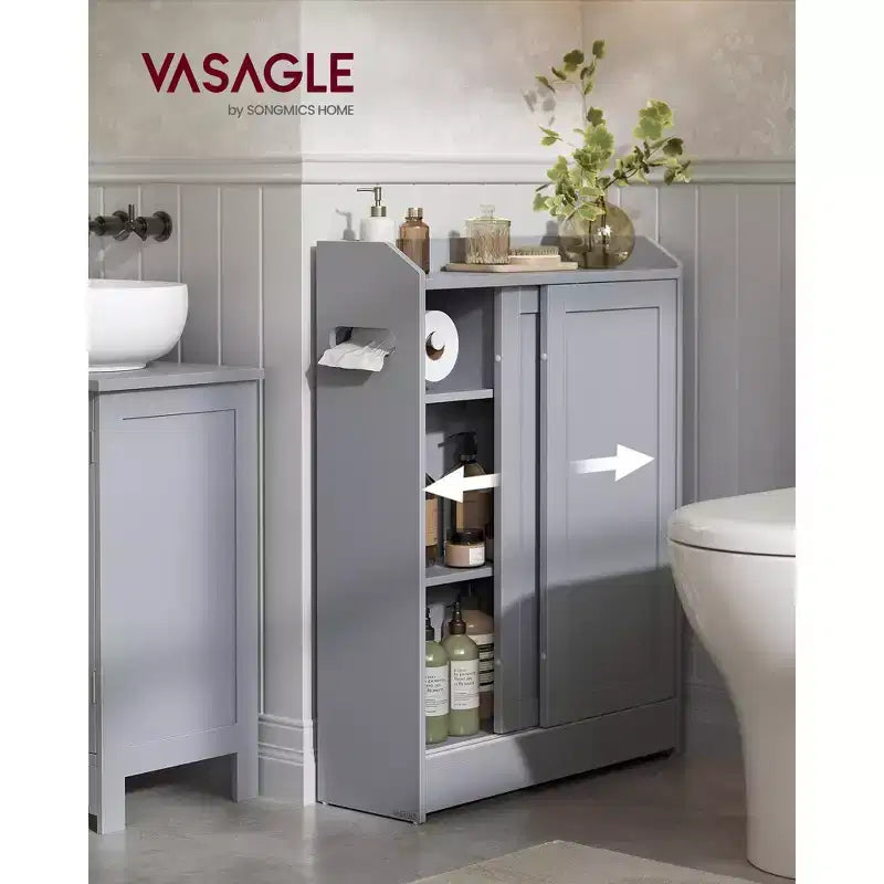Meuble de rangement de salle de bain fin, porte-papier toilette et compartiment à balais, portes coulissantes, étagères réglables