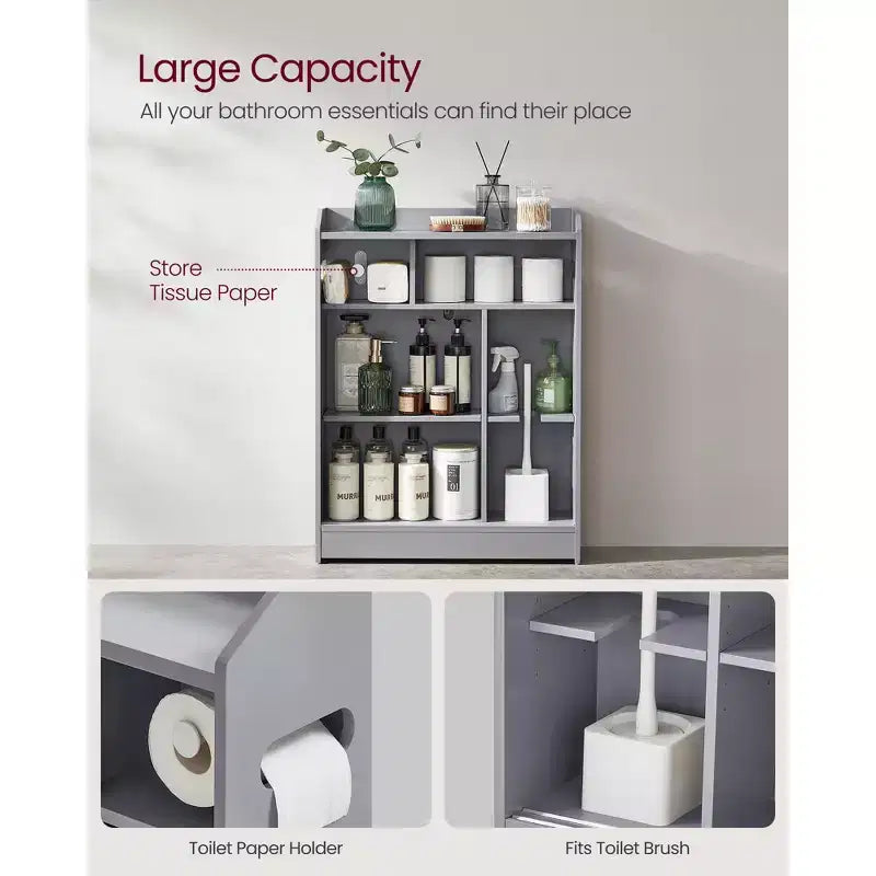Meuble de rangement de salle de bain fin, porte-papier toilette et compartiment à balais, portes coulissantes, étagères réglables