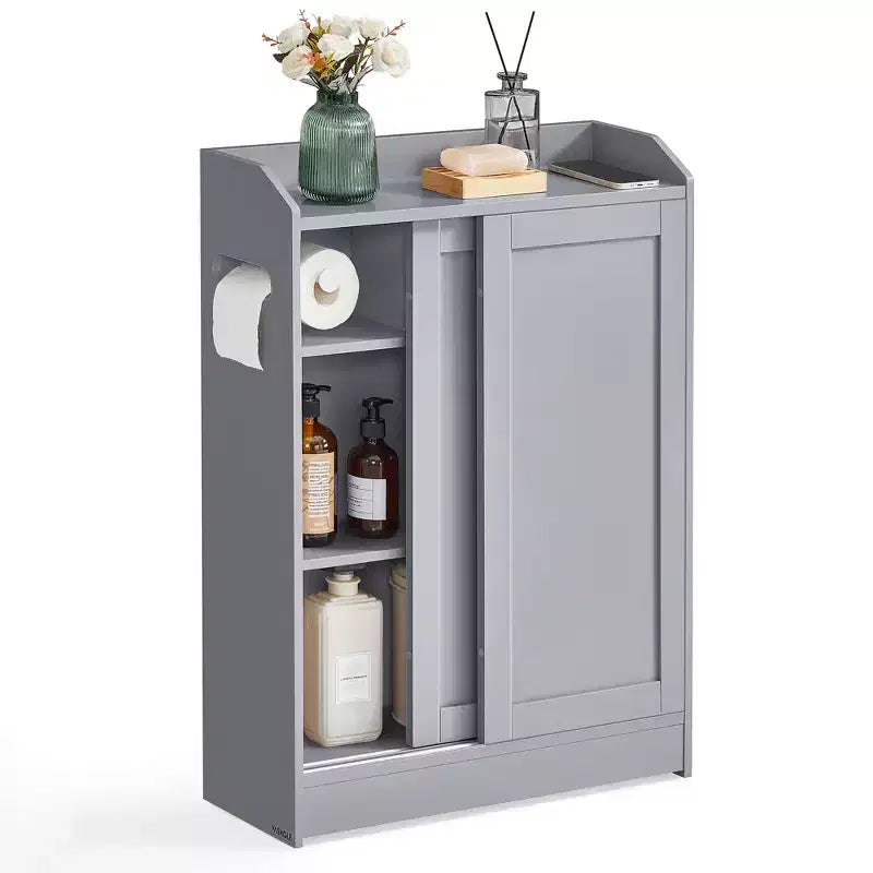 Meuble de rangement de salle de bain fin, porte-papier toilette et compartiment à balais, portes coulissantes, étagères réglables